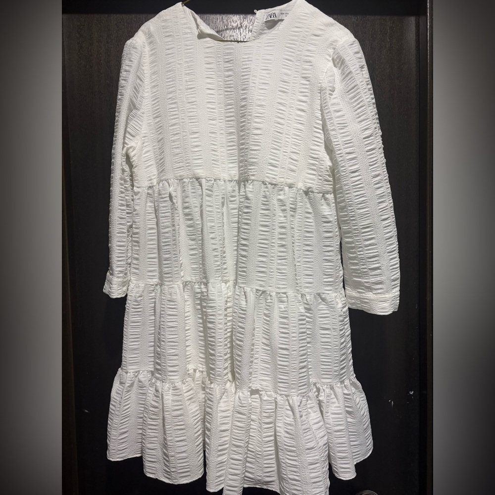 Zara White Textured Tiered Dress